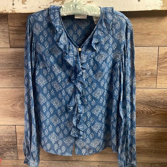 Liz Claiborne Ruffle Front Button Down Blouse, Ladies Size M, Blue& White - Picture 1 of 4